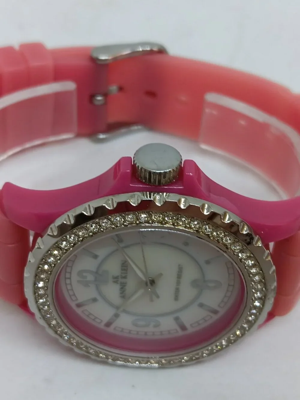 Anne Klein AK10/9439 Women's 39mm MOP Dial Pink Crystal Accent Watch NEW BATTERY